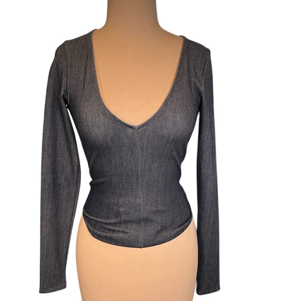 Naked Wardrobe Stretch Denim Body Blue Long Sleeve Top V-Neck Small Body Suit